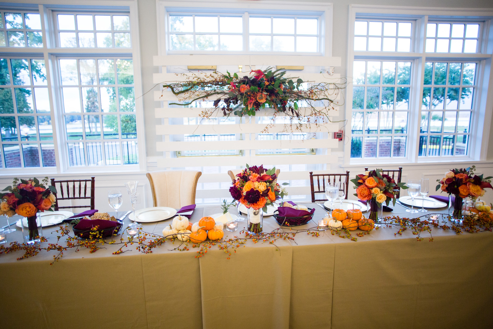 headtable at fall wedding reception by perfect planning events