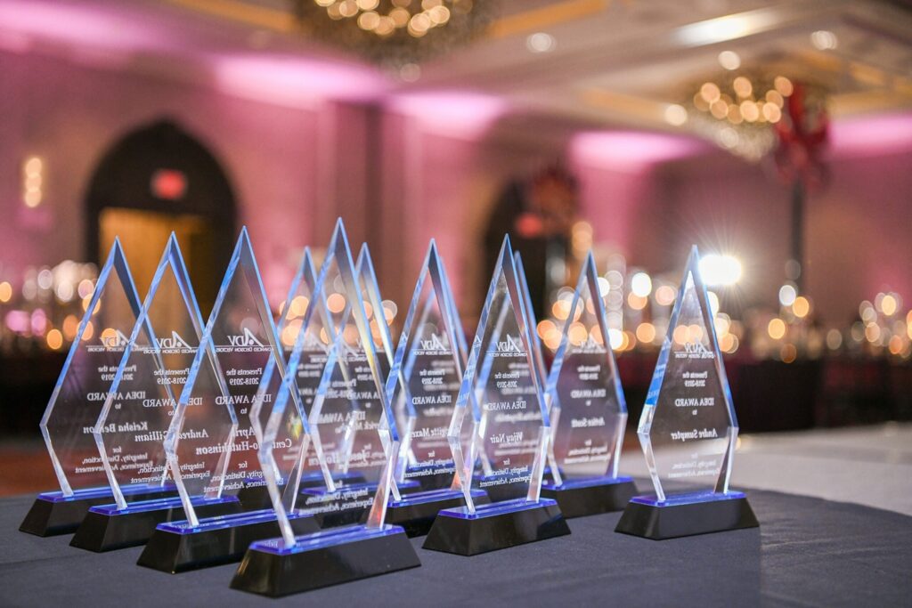 Glass awards at a gala planned by Signature Concepts LLC, a corporate event planner DC.